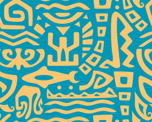 Polynesian motifs. Tiki seamless pattern. Aztec textile print.Geometric, vector background. Suitable for printing on fabric and paper, for parties. 