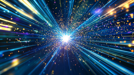 Naklejka premium Captivating digital particle burst with vibrant light rays and colors