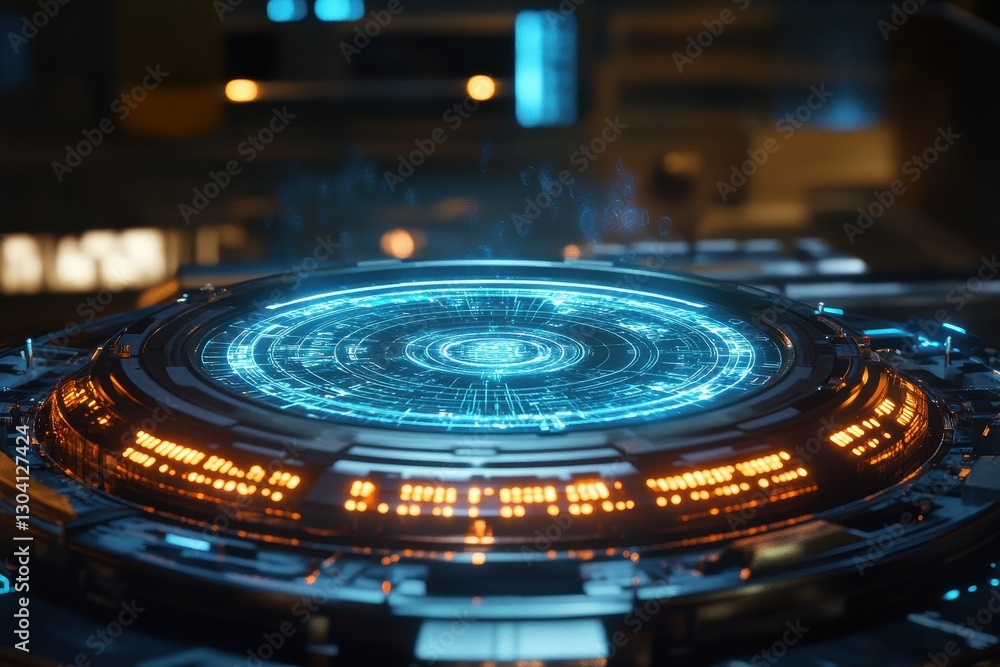 Poster a futuristic circular device glowing with digital circuit patterns appears