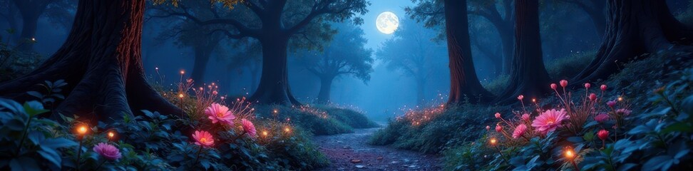 Enchanted forest, glowing flora, moonlit path, green, light, illustration