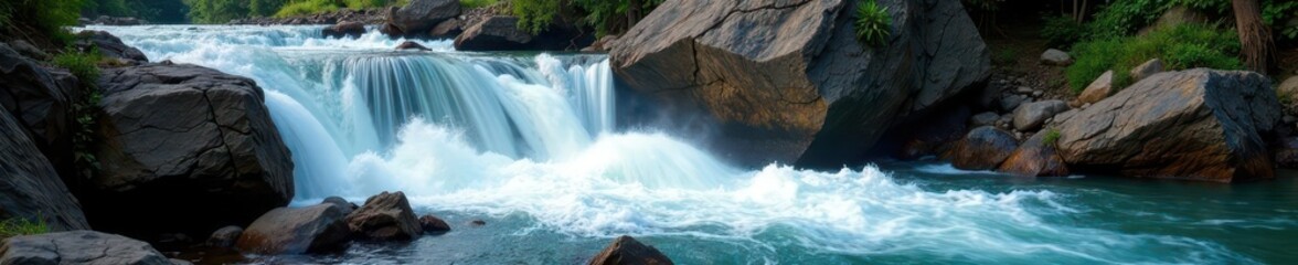 Fototapeta premium Fast-flowing water cascades down rocky mountainside , flowing, cold, wild