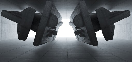 Abstract architectural minimalistic background. Contemporary showroom. Modern concrete exhibition tunnel. Empty gallery. Backlight. 3D illustration and rendering.