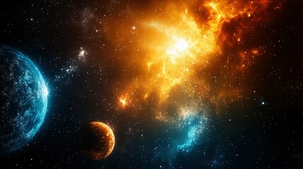 Naklejka premium Celestial Collision Fiery Nebula and Planets in Deep Space