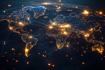 A glowing world map with illuminated lines and cities, symbolizing a networked planet with Glowing Lines and Cities