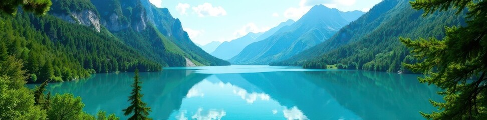 Obraz premium Serene blue lake nestled in lush green mountains, environment, lush