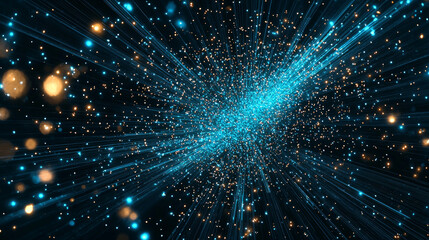 Fototapeta premium Dynamic digital particle burst with vivid blue and gold lights creating mesmerizing effect