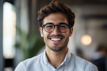 Fototapeta premium A corporate young man smiling in the office, embodying professionalism and optimism or corporate young man smiling in office