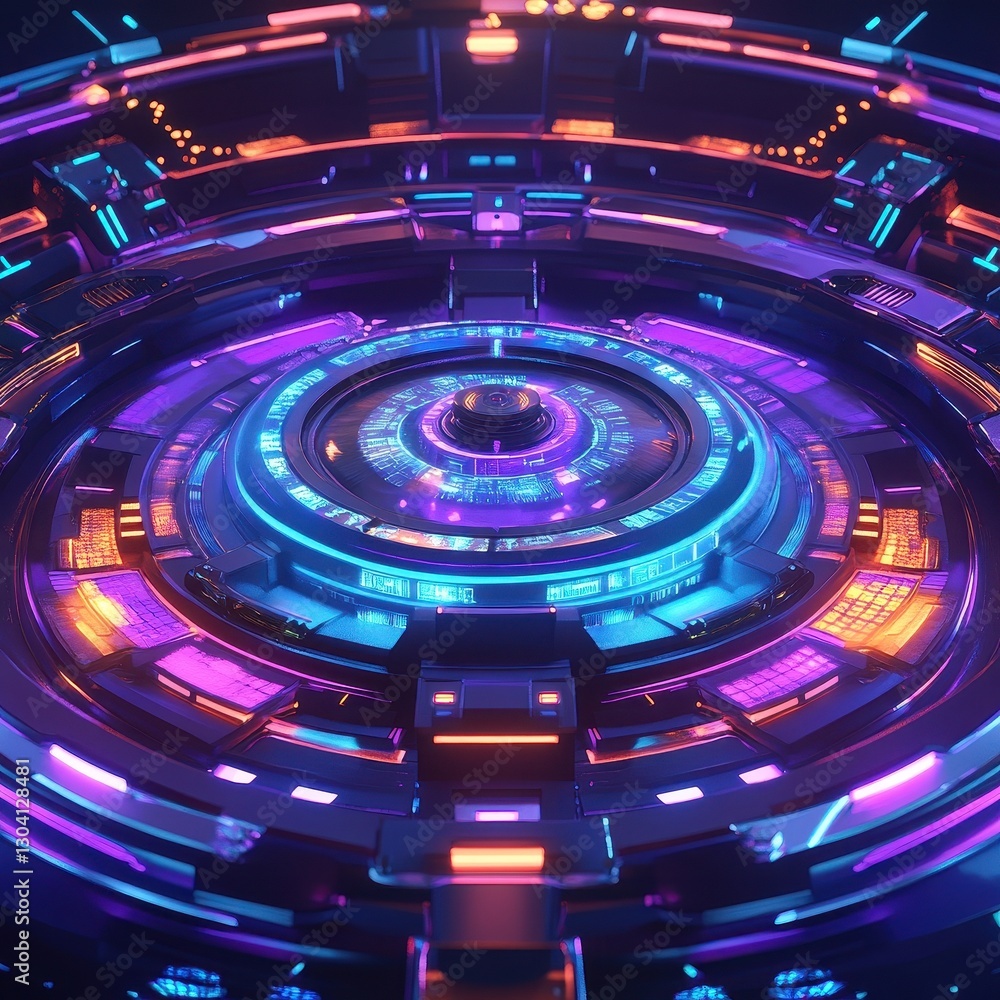 Poster futuristic computer console with circular interfaces displaying neon lights