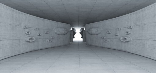 Abstract architectural minimalistic background. Contemporary showroom. Modern concrete exhibition tunnel. Empty gallery. Backlight. 3D illustration and rendering.