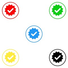 A minimalistic vector illustration of five verification badges in red, green, blue, yellow, and black, each enclosed in a thin circular border, symbolizing authenticity.