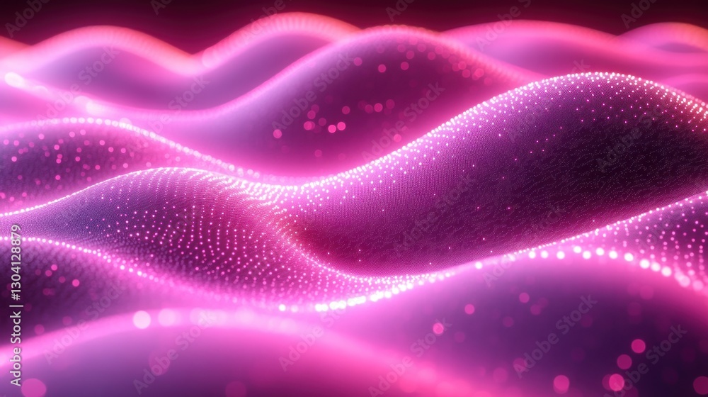 Poster abstract pink wave background with glowing particles.
