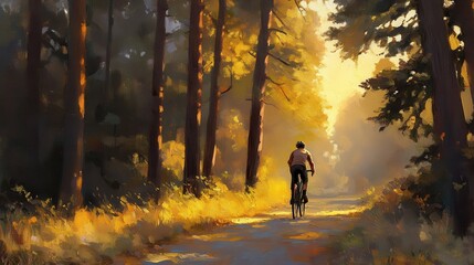 Fototapeta premium Person Cycling Through Golden Autumn Forest Pathway at Sunset