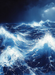 Fototapeta premium Photorealistic Ocean Waves with Foam and Ripples in Blue Water - Realistic Seascape