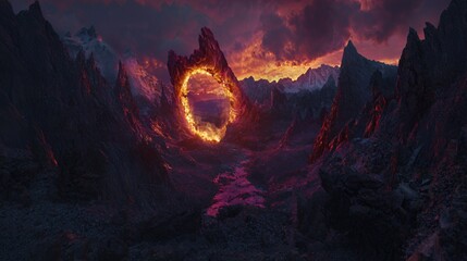 Fiery Ring in Volcanic Mountain Landscape at Sunset