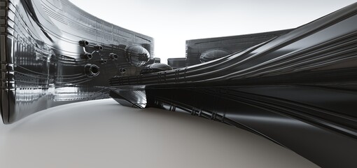 Luxury parametric abstract architectural minimalistic background. Contemporary showroom. Modern black exhibition tunnel. Empty gallery. Stand, table. Interior backlight. 3D illustration and rendering.