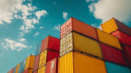 Fototapeta premium Colorful Stack of Shipping Containers Against a Blue Sky
