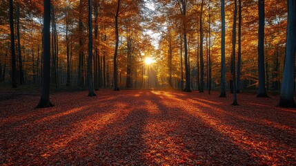 Obraz premium Golden Forest Path: A sun-drenched path through a vibrant autumn forest, with leaves covering the ground and a warm light piercing through the trees.