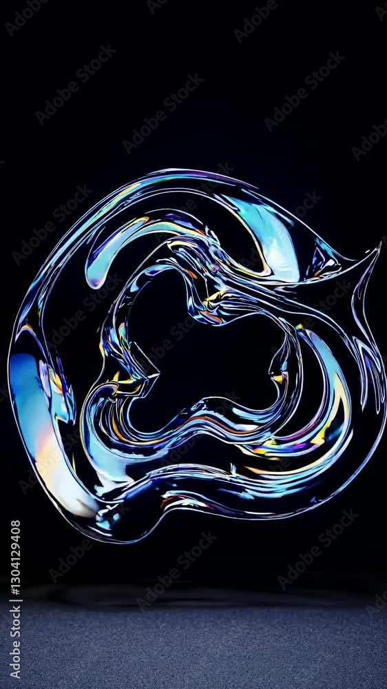 Poster abstract 3d render of a fluid, metallic structure with iridescent hues, captured from a low-angle sh