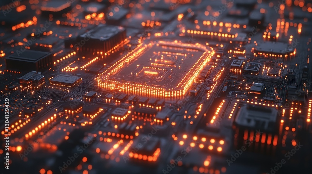 Fototapete close-up of illuminated circuit board with central processor glowing orange.