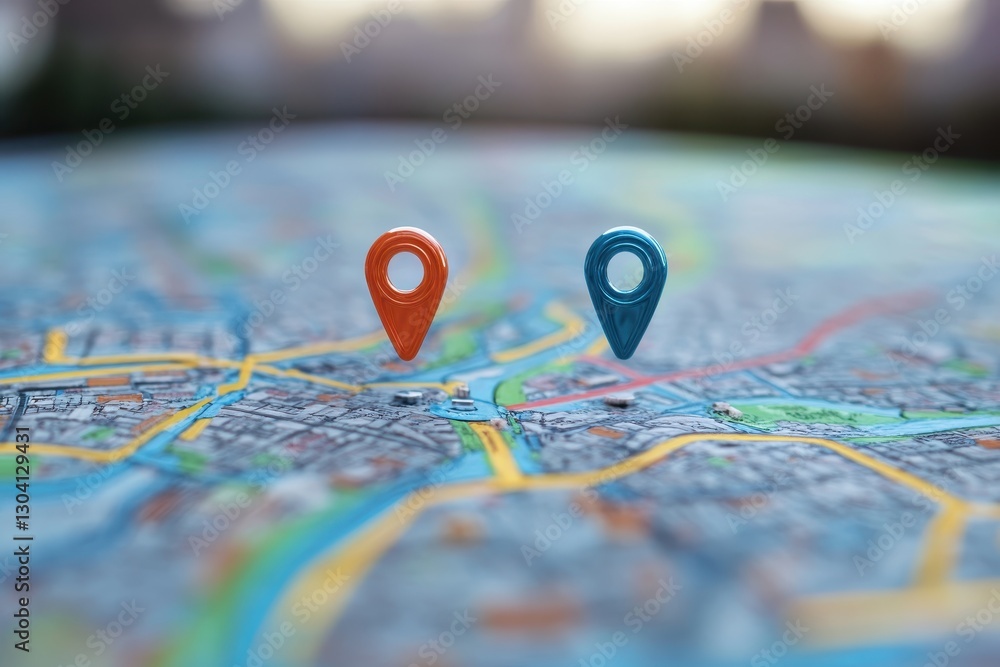Poster a detailed map showing a location with two vibrant pins marking the start and destination points