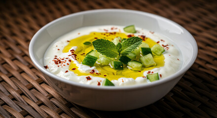 Turkish Cacık - Thin Yogurt with Cucumber - A refreshing bowl of watery yogurt mixed with diced cucumbers, garlic, and dill, drizzled with olive oil with a sprinkle of red pepper flakes and mint