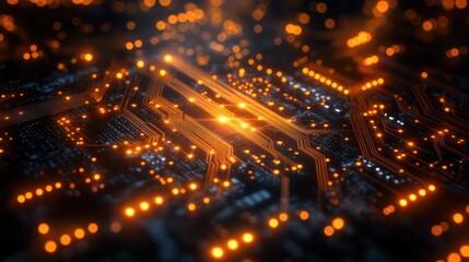 Fototapeta premium Close-up of illuminated circuit board with glowing pathways and connections.