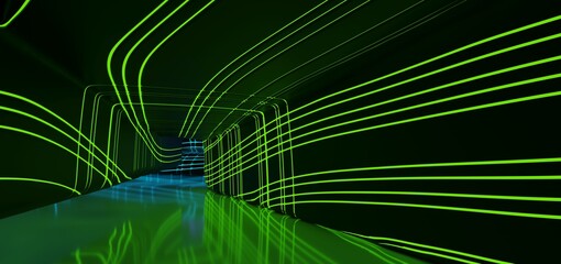 Abstract architectural minimalistic background. Laser show in the ultraviolet spectrum. Modern  impulse tunnel. Futuristic space sci-fi frame neon backlight. 3D illustration and rendering.