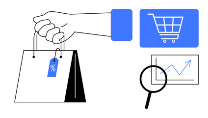 Hand gripping shopping bag with tag, digital cart icon, and growth chart magnified with a lens. Ideal for retail, e-commerce, analytics, customer journey, sales marketing strategy. Flat simple