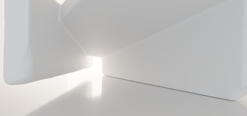 Luxury white abstract architectural minimalistic background. Contemporary showroom. Modern  exhibition stand. Empty gallery. Backlight. Polygonal Graphic Design. 3D illustration and rendering.