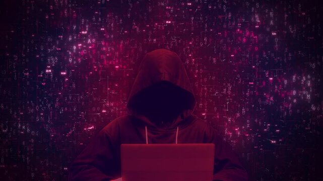 Anonymous Hacker with Laptop on Dark Red Binary Code Cyber Matrix Background Animation Featuring Glitch Effects