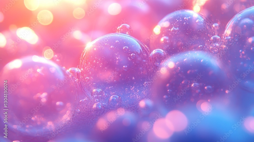 Poster close-up of iridescent bubbles with bokeh effect, pink and blue tones.