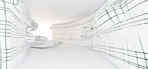 Luxury parametric abstract architectural minimalistic background. Contemporary showroom. Modern colored glass exhibition tunnel. Empty gallery. Backlight. 3D illustration and rendering.
