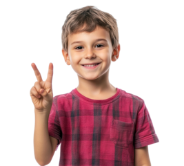 Happy boy showing peace sign, isolated on transparent cutout background