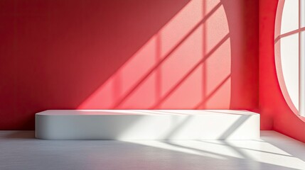 Minimalist White Display Platform in a Red Room with Sunlight Streaming Through a Round Window