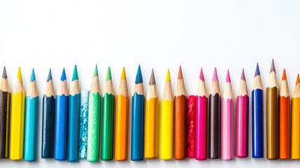 Colorful Pencils Arranged in a Row on White Background