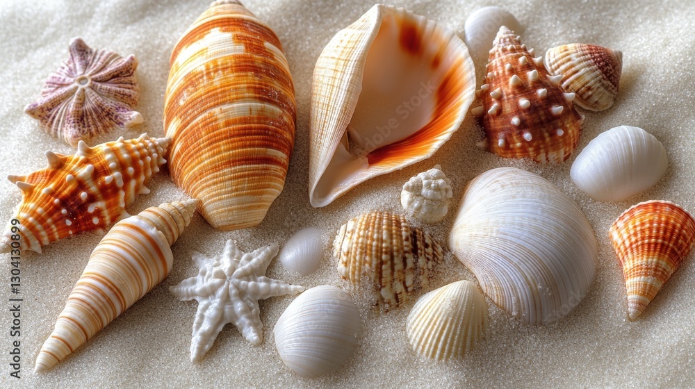 Poster seashells on sandy beach: a stunning collection of various seashells, each displaying unique colors 