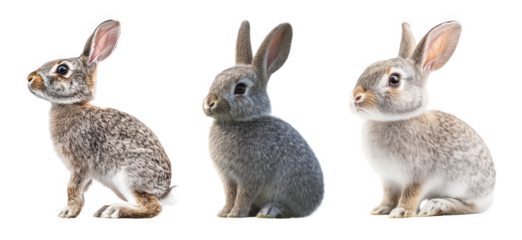 Three adorable rabbits in different poses showcasing distinct fur patterns and colors.