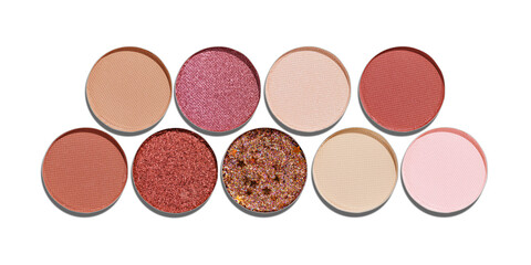 Set of colorful Swatches eyeshadow refills. Close-up of matte and glitter pans red brown shade isolated on white background with shadows, detailed texture, cosmetic, beauty product, makeup