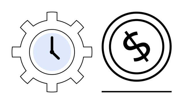 Gear with a clock symbolizing productivity and time management next to a dollar coin for financial value. Ideal for work-life balance, budgeting, investment, economics, optimization, scheduling