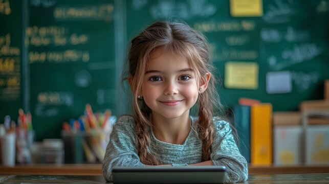 Happy girl student smiling at camera, sitting at desk with tablet in classroom.