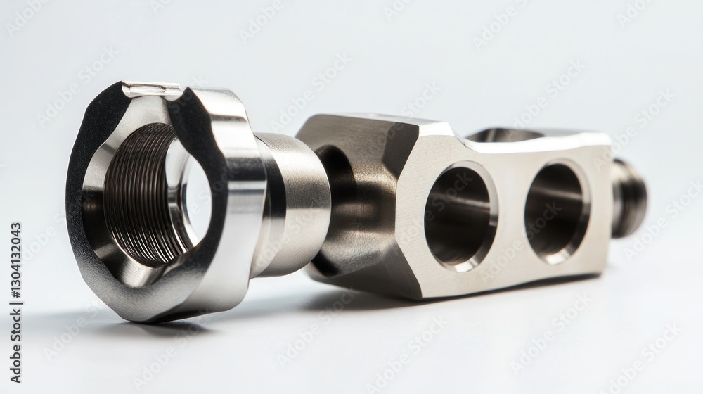 Poster close-up of precision-machined metal parts; hexagonal block with threaded holes and a separate threa