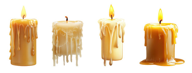 Four beautifully detailed candles with dripping wax on a clean white background.