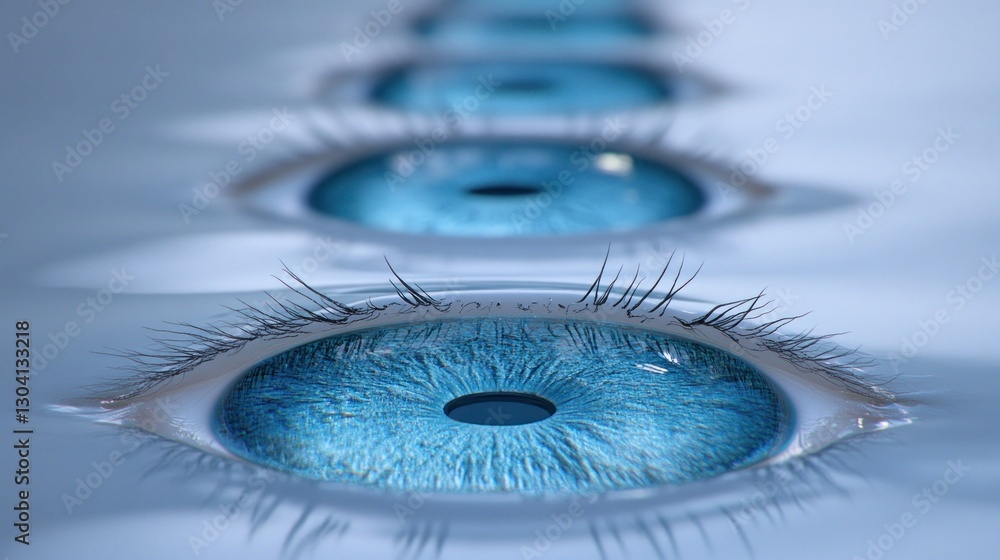 Poster close-up of several blue eyes submerged in a liquid, creating a surreal and intriguing visual.