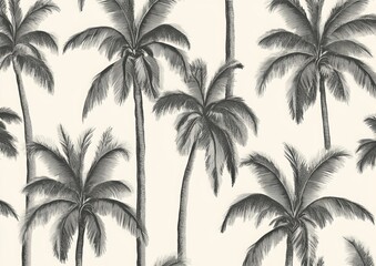 A seamless pattern of palm trees, rendered in charcoal gray on cream paper with subtle shading and soft shadows to give depth and dimension between the leaves. The design incorporates muted gray tones