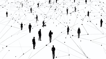 The image is a monochrome illustration depicting numerous small, uniformly sized, black human silhouettes scattered across a white background.  These figures are interconnected by a complex