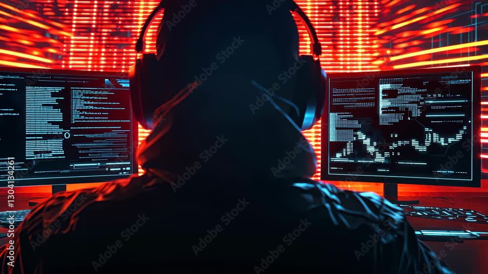 Poster a cybercriminal's shadowed figure with glowing holographic ai interfaces and a neon matrix backdrop 