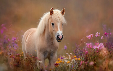 Adorable Fluffy Pony in a Blooming Wildflower Meadow During Golden Hour