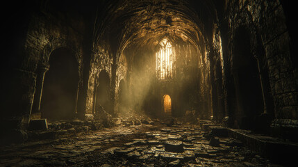 Mesmerizing ruins of ancient Gothic cathedrals: eerie, atmospheric interiors with arched stone architecture, dim candlelight and mystical light