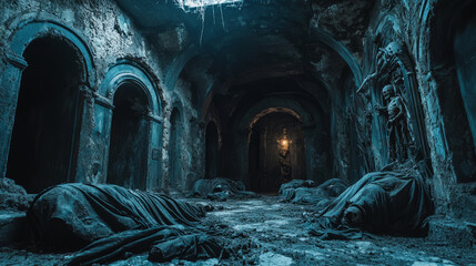 Mesmerizing ruins of ancient Gothic cathedrals: eerie, atmospheric interiors with arched stone architecture, dim candlelight and mystical light