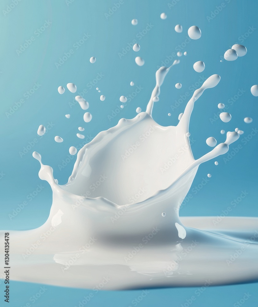Poster splash of fresh milk creates dynamic shape against soft blue background with droplets in motion and 